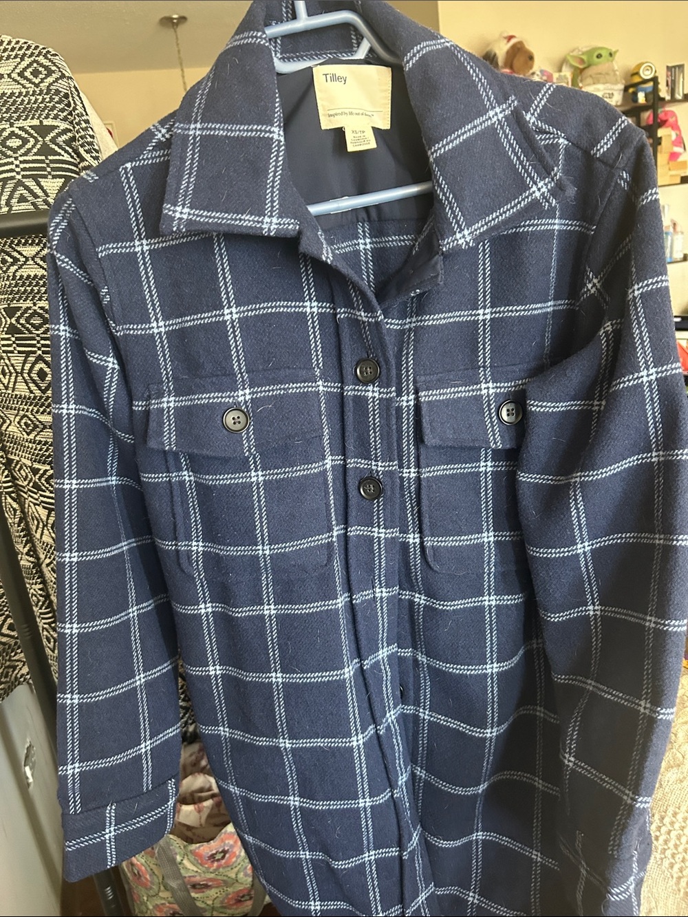 Tilly's Navy Blue Plaid Button-Up Shirt Jacket